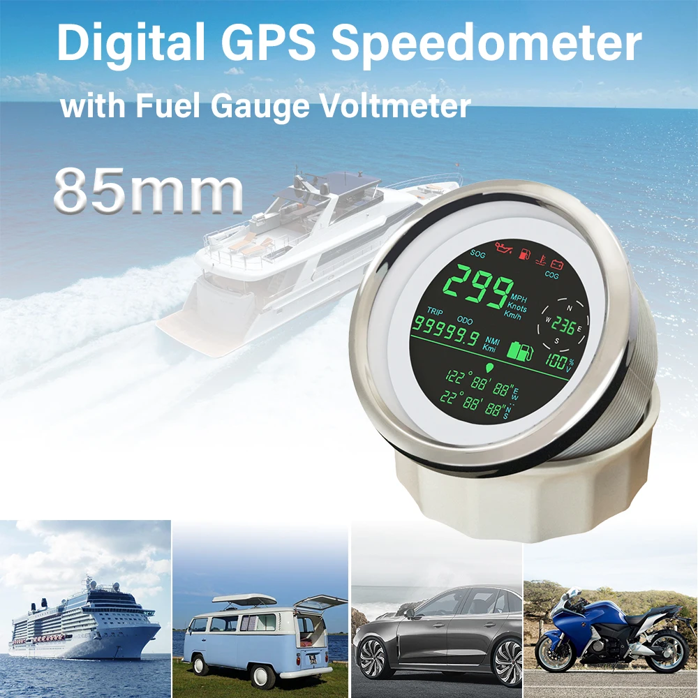 

Rhaxel Universal 85mm Digital GPS Speedometer 0-299km/h MPH KNOT Trip Odometer COG Fuel Level Gauge Voltmeter for Car SUV Racing