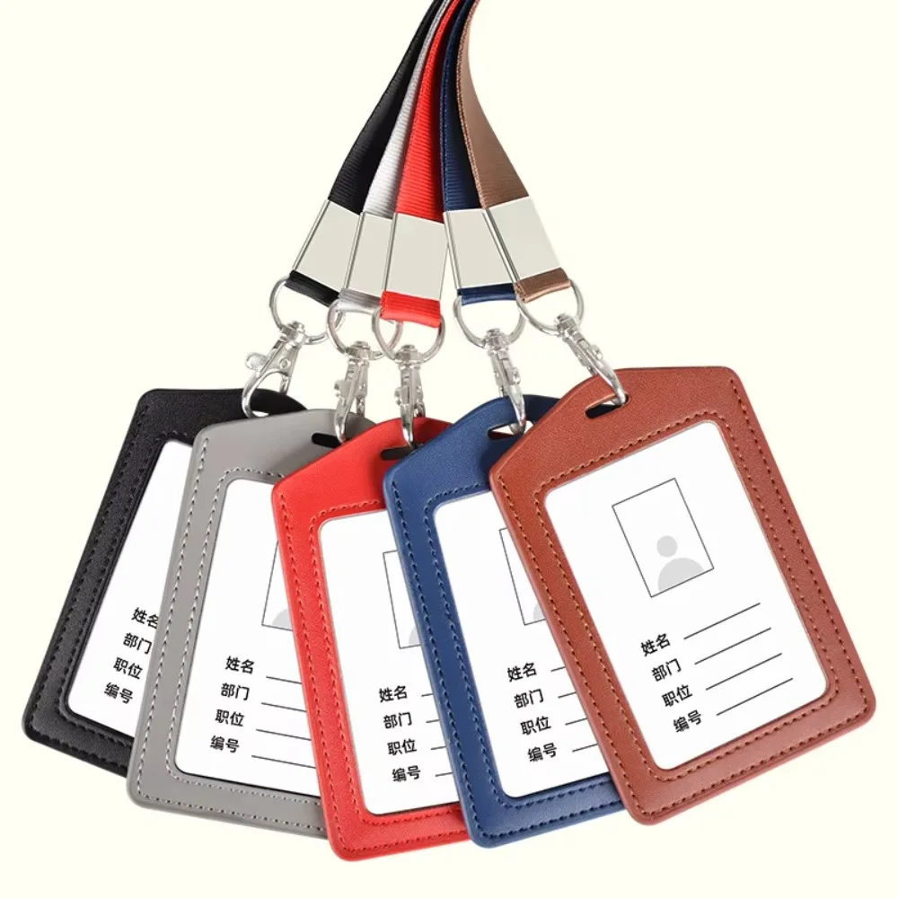Korean Cute Candy Color PU Leather ID Badge Holder with Lanyard Student Neck Strap Name Card Holder Cover for Work Office Nurse