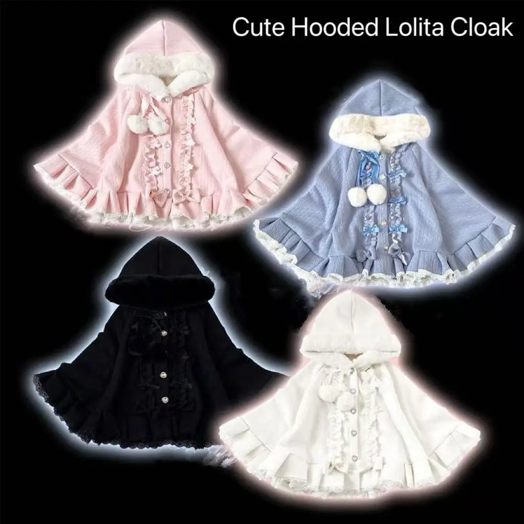 

Cute Plush Ball Hooded Cloak Women's Thicken Velvet Lolita Matching Outer Shawl Carnival Event Cosplay Costume Short Cape Female