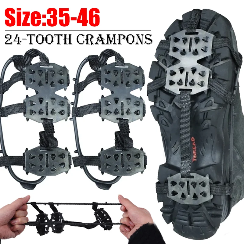 1Pair 24 Teeth Anti-Slip Ice Grips Gripper Shoes Boot Hiking Ice Climbing Shoe Spikes Climbing Chain Crampons Shoes Cover