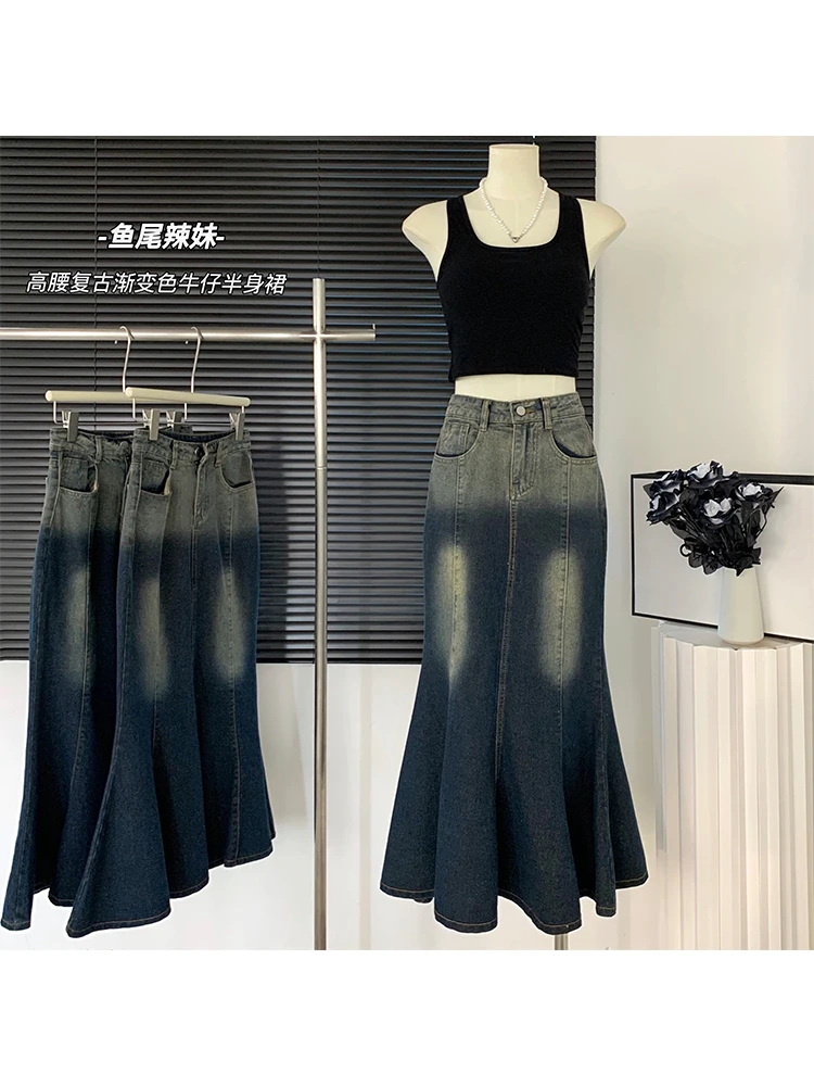 

Women's A-line Long Denim Skirt Vintage Y2k Skirt Harajuku Korean Fashion A-line Jean Trumpet Skirts Emo 90s 2000s Clothes 2023