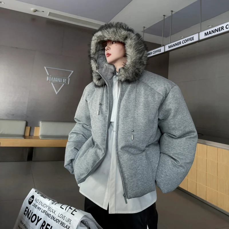 

Heavyweight American Sle Winter Jaet with Large Fur Collar Hooded Thiened Cotton Coat for Men Warm Bread Coat Outerwear