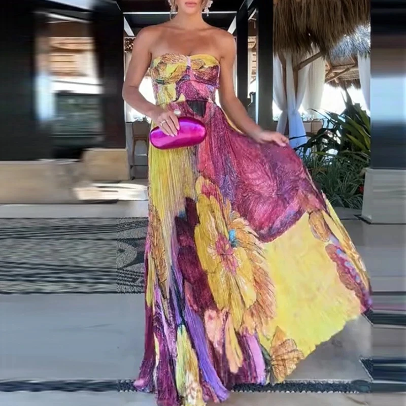 

Fashion Strapless Graffiti Print Evening Dress Sexy Sleeveless Off Shoulder High Waist Suspender Dress Lady Elegant Draped Dress