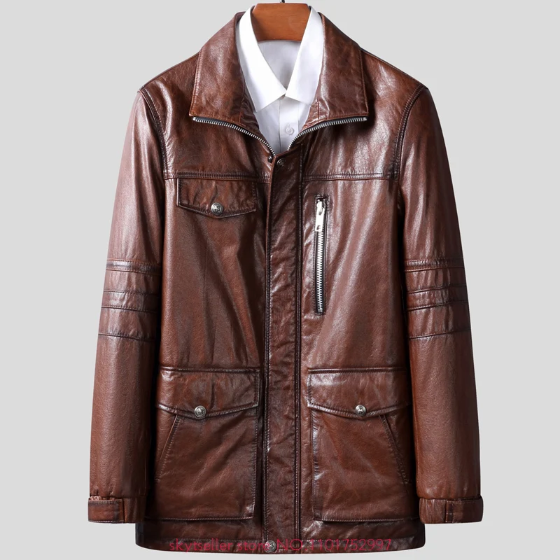 High Quality Genuine Leather Jacket Men First Layer Cowhide coats real leather hooded jacket long style