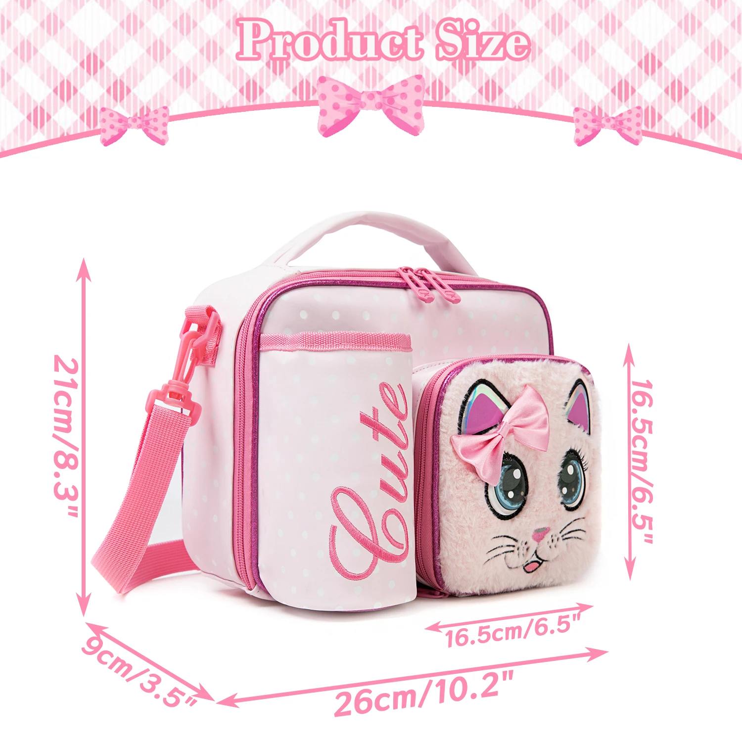 Meetbelify Cute Plush Cat PU Lunch Bag Crossbody Bag Cooler Heat Retainer for Elementary School Learning Travelling Picnic