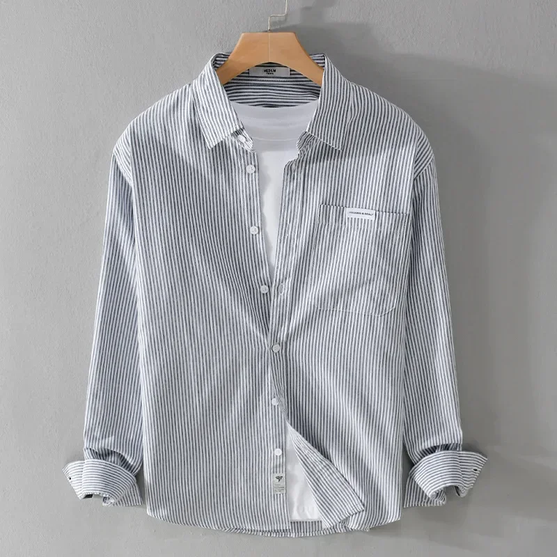 

Korean Style Striped Shirt Men Long Sleeve Daily Casual Shirts Pocket Button Up Shirt Men Spring Summer Youth Simple Top Male