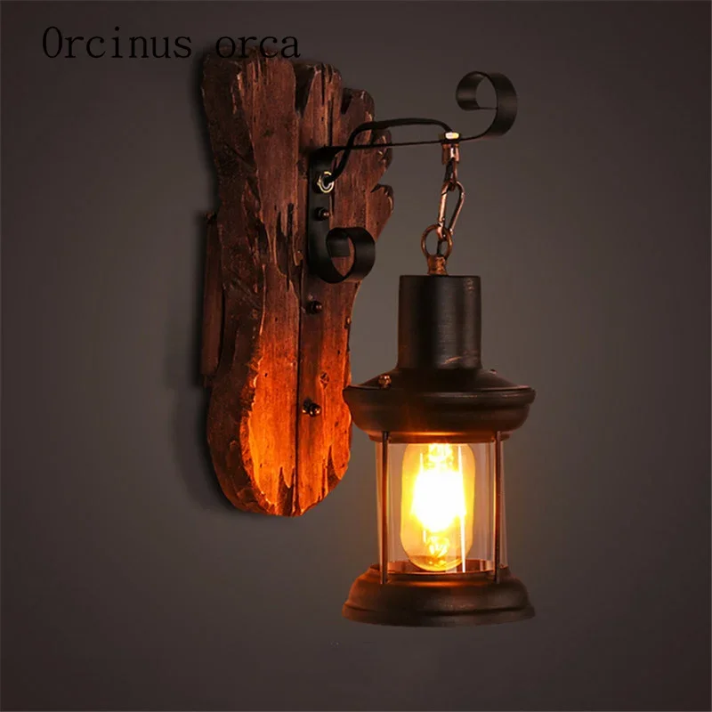 American retro corridor coffee restaurant network bedside  candlestick glass solid wood decorative wall lamp