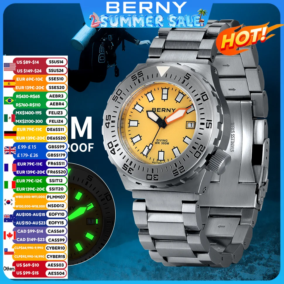

BERNY Automatic 30ATM Diver Men Watch Mechanical Wristwatches Waterproof Male Top Super Luminous Sapphire Sport Diving Watches