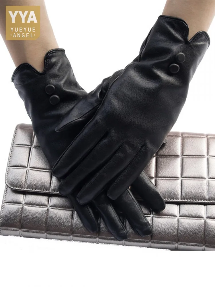 Fashion Women Genuine Leather Gloves Winter Warm Fleece Liner Moto Biker Riding Mittens Buttons Soft Real Sheepskin Guantes