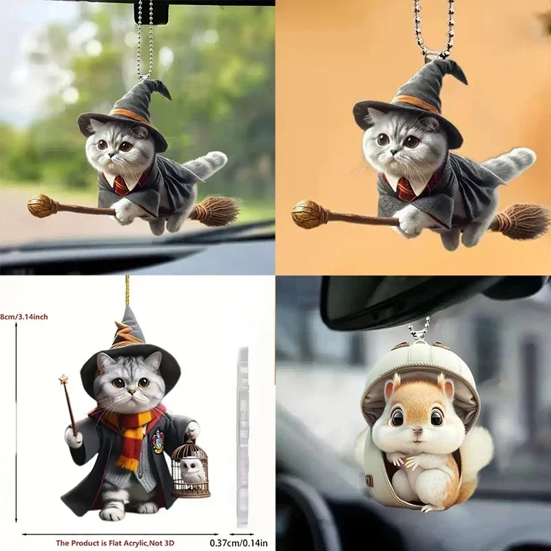 Cute Cat-Shaped RearView Mirror Pendant Auto Interior Car Realistic Animal Hanging Ornament Car Interior Decoration (Flat 2D)