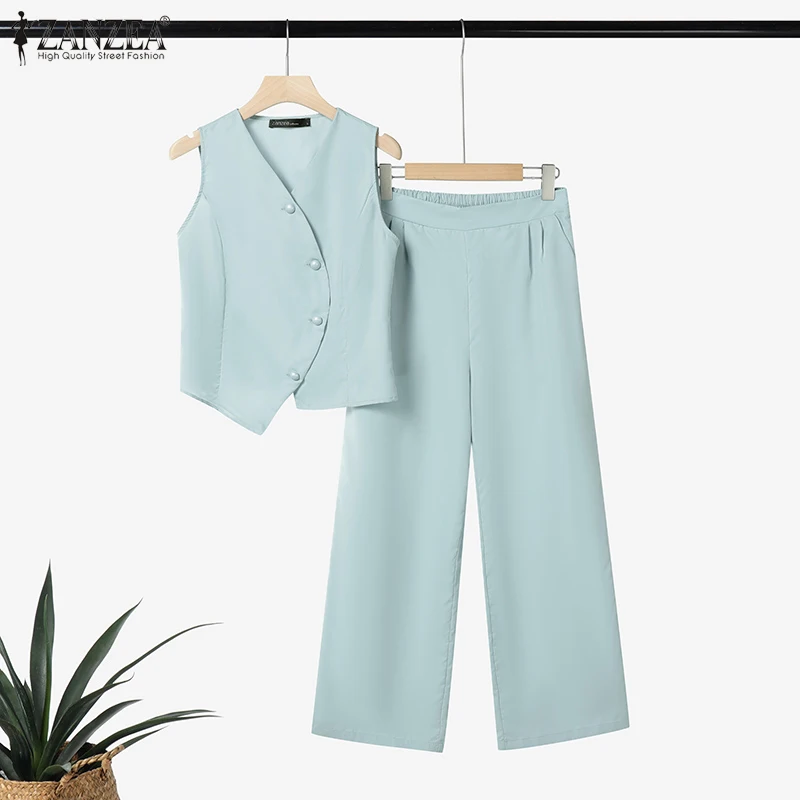 ZANZEA Stylish 2 Pieces Pant Sets Women Irregular Placket Vests Tops and Wide Leg Pants 2pcs Suits Elegant Commuting Outfits 3XL