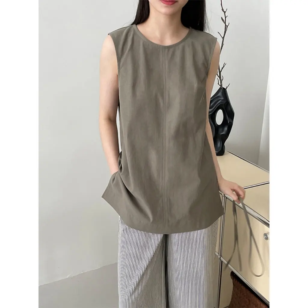 

Aokawa Women's Sleeveless Vest Solid Color High-End Cotton Linen Lace-Up Slim Side Split Simple Design Shirt