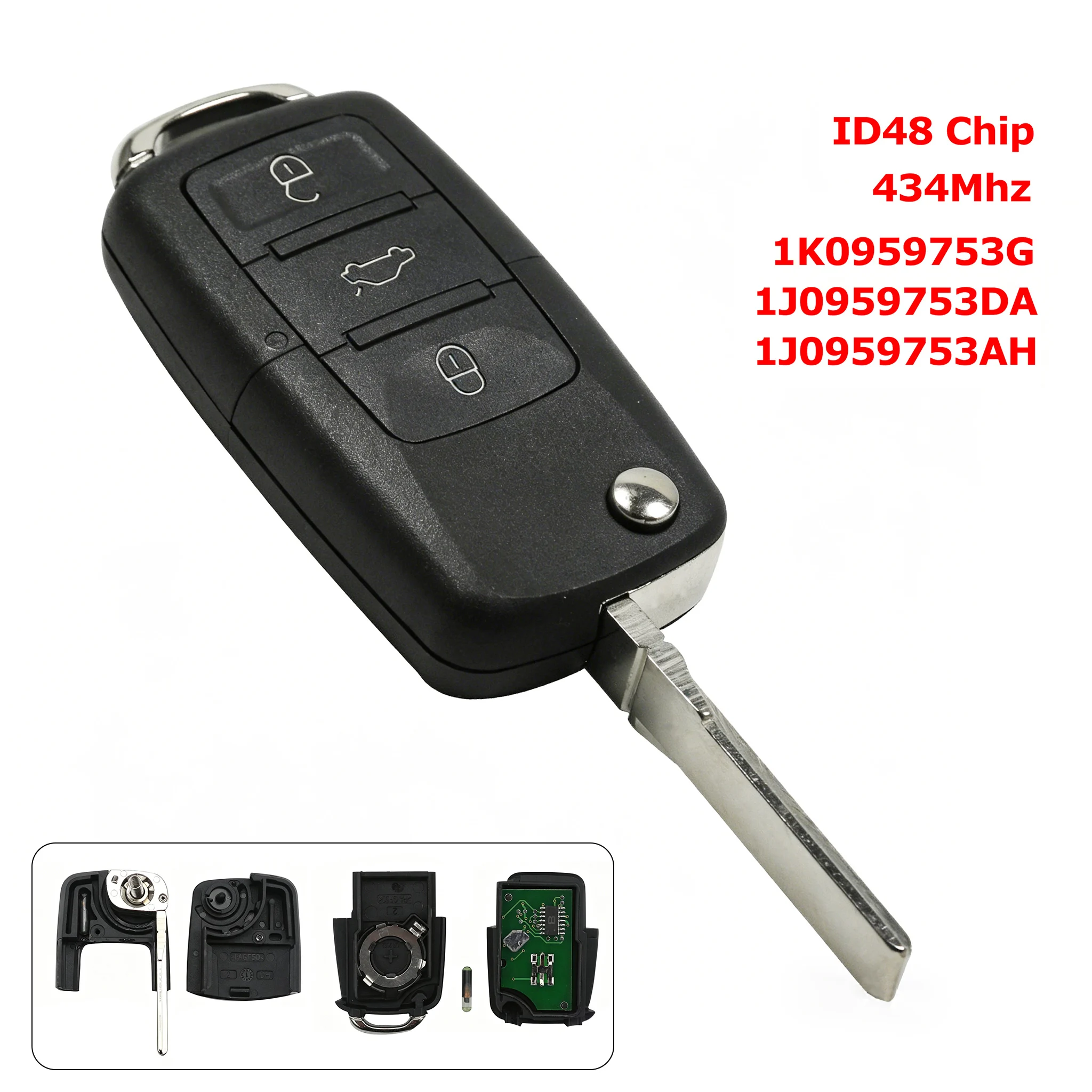 

1K0959753G/1J0959753DA/1J0959753AH With ID48 Chip 434Mhz Car Remote Key 3 Buttons For VW Golf Passat Polo Jetta Touran Sharan