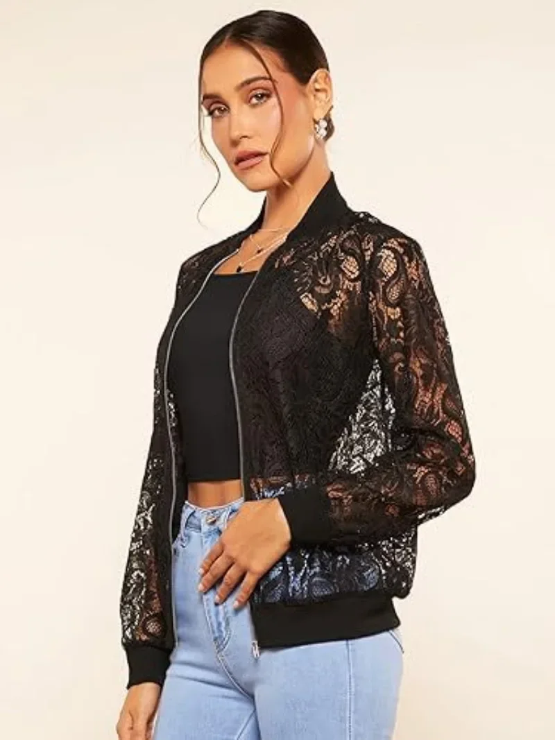 Spring New Ladies Jacket Lace Transparent Long Sleeve Zipper Coat for Men