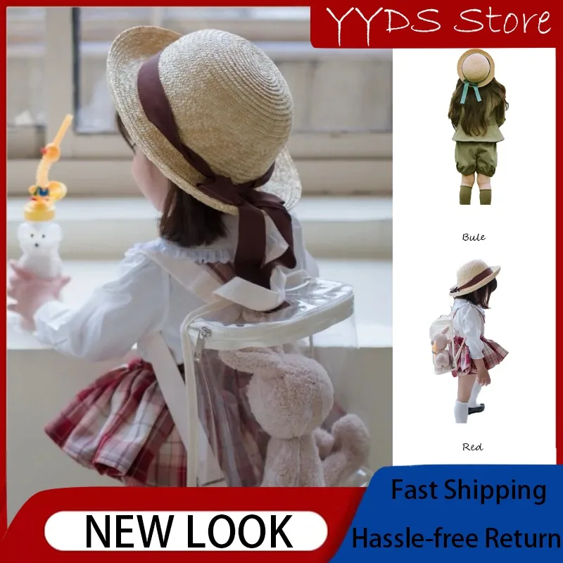 Summer French Style Kids Straw Hat with Bow Decor Curved Brim Breathable Sun Protection Cap for Beach Holiday Daily Outdoor Wear