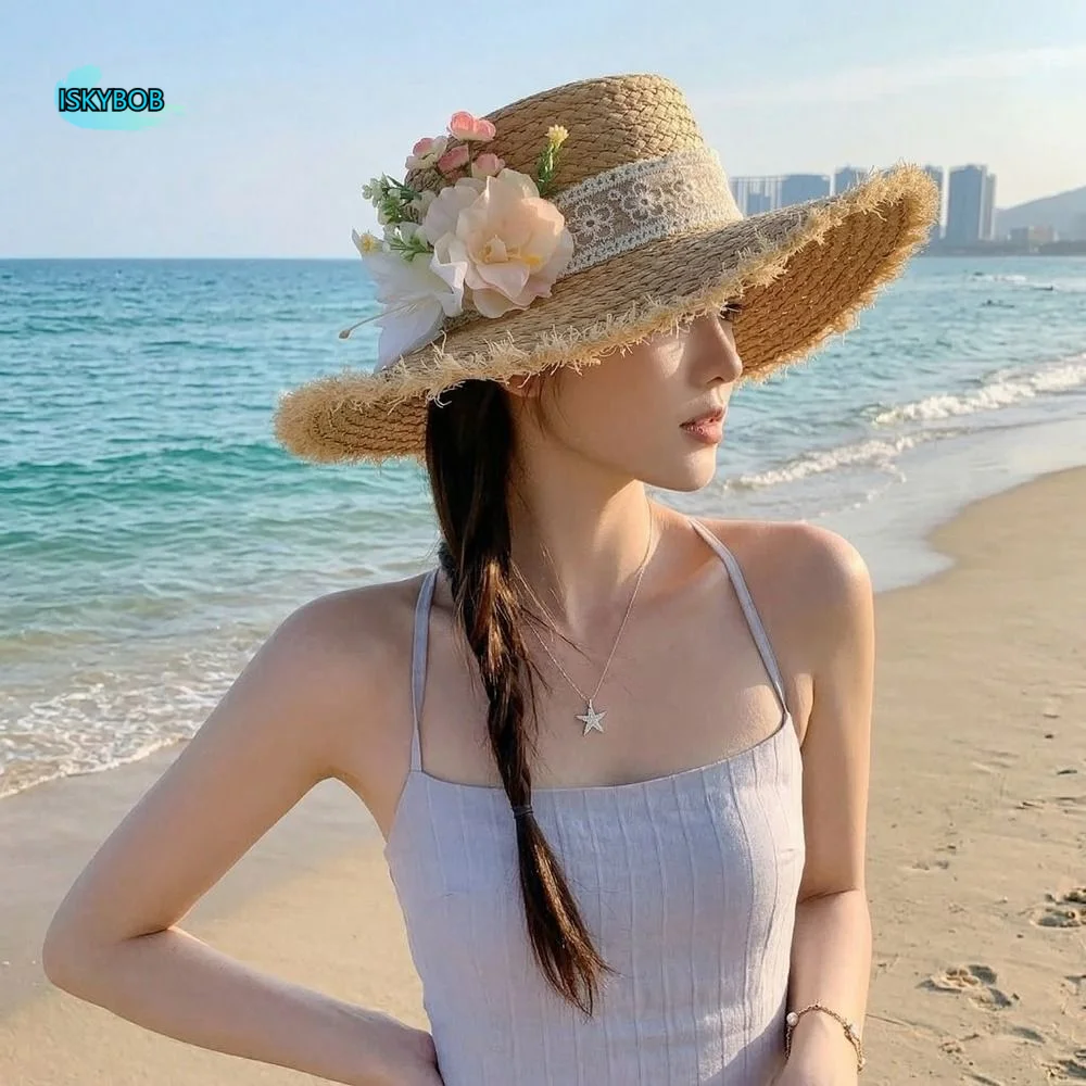 

Tassel Edge Lace Flower Straw Hat Boho Wide Brim Weave Flat Cap Korean Style Lightweight UV Protection Cap Party