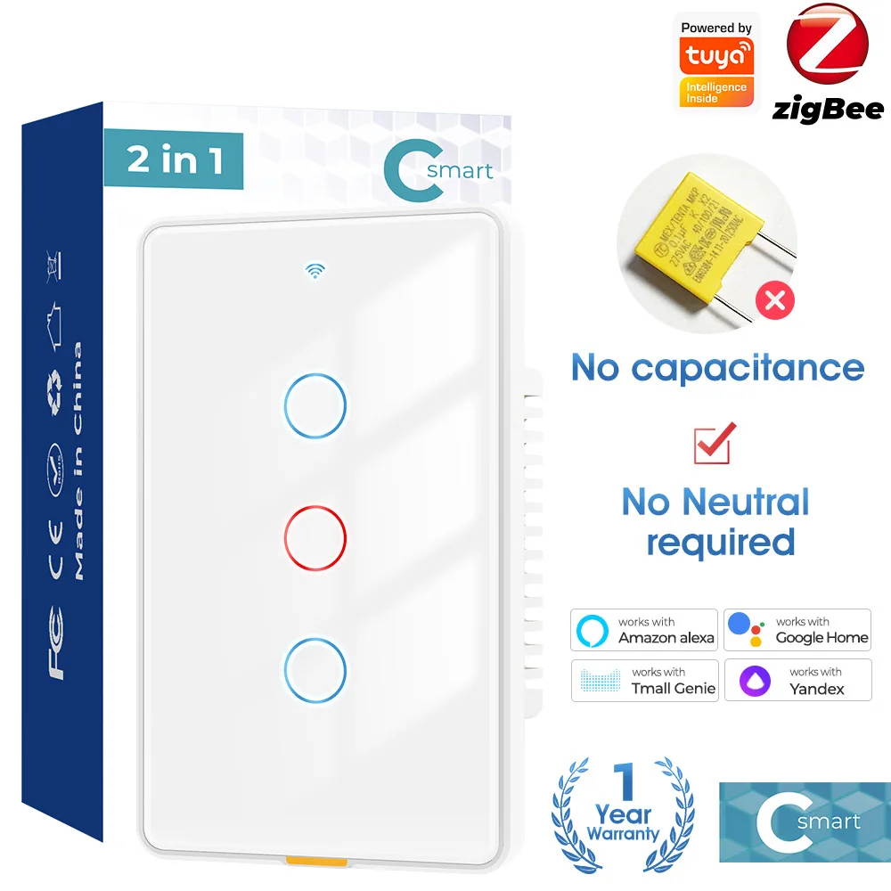 Tuya Zigbee3.0 Smart Switch No Neutral Wire 10A US100-240V Magnetic Relay C-Smart Wall Touch Light Switch Voice for Alexa Google