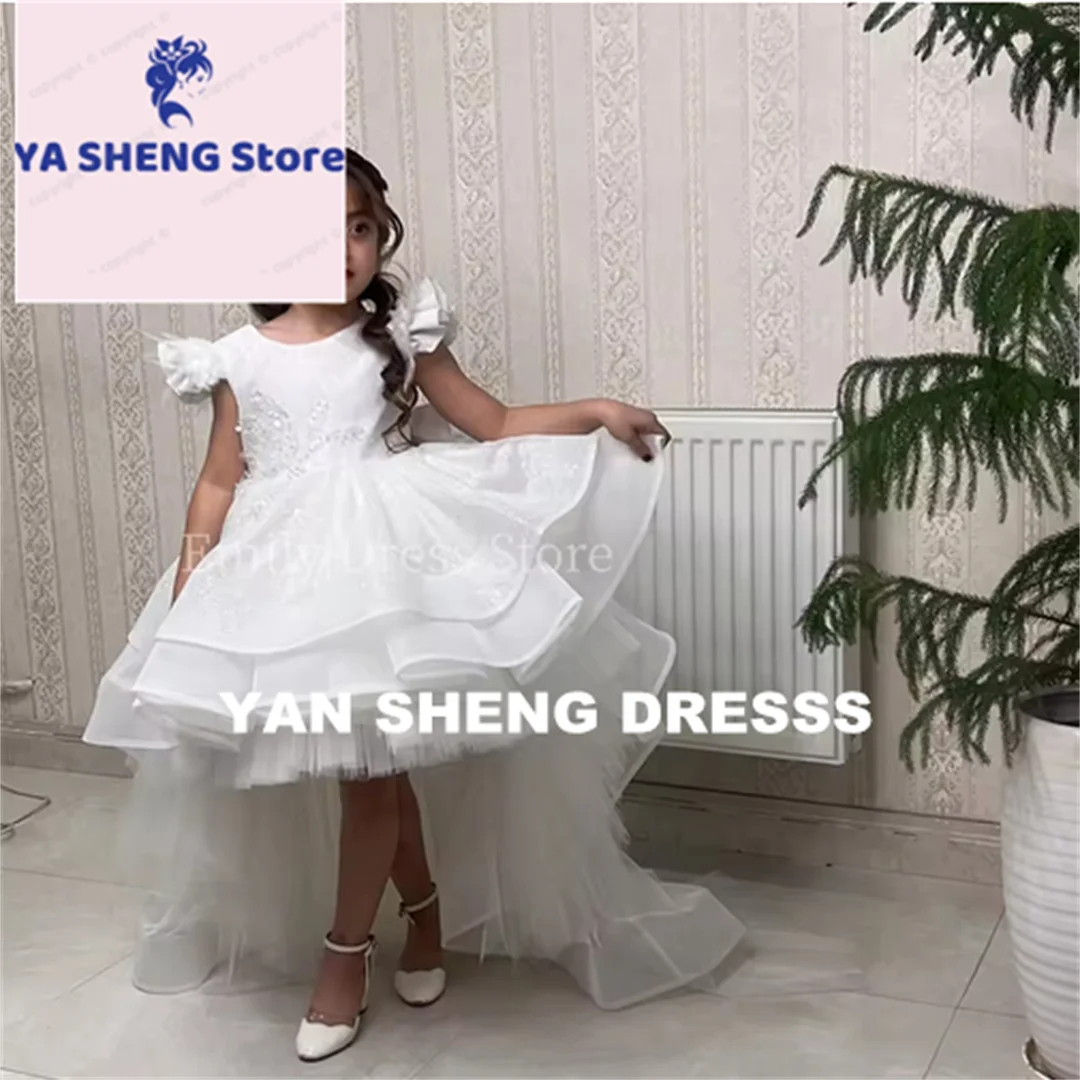 Customized Flower Girl Dress For Wedding Shining Feather Sequins Short Sleeves With Bow Princess First Communion Gown