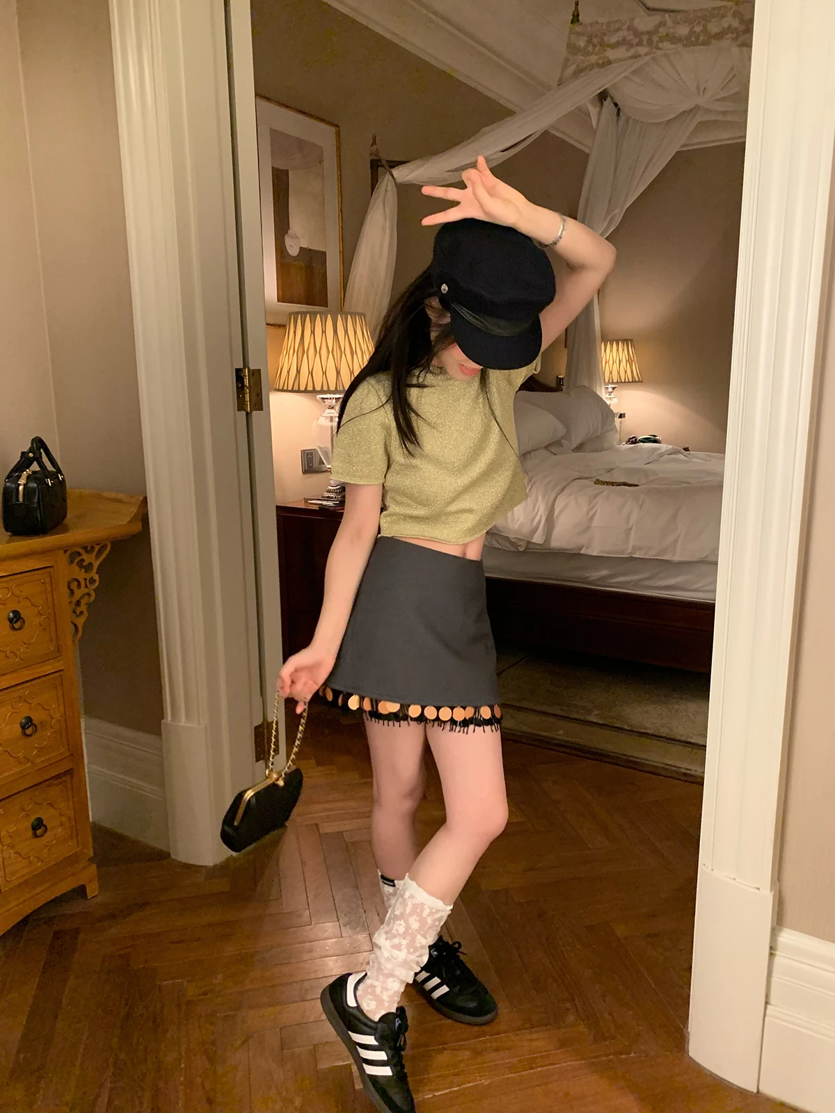 

Юбка Gatsby с золотыми бусинами, универсальная, маленькая, из хлопка, повседневная, для весны и лета