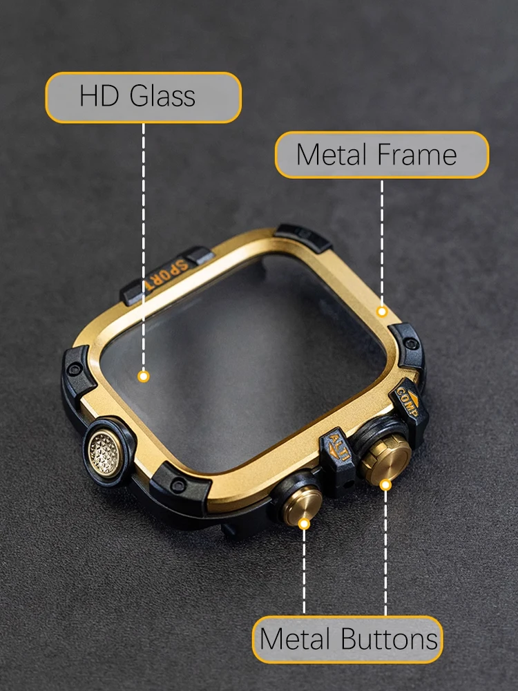 درع حافظة معدنية + حزام لساعة أبل سلسلة 9 8 7 6 5 Se HD الزجاج قطرة مقاومة للماء غطاء وقائي ل iWatch 44 مللي متر 45 مللي متر