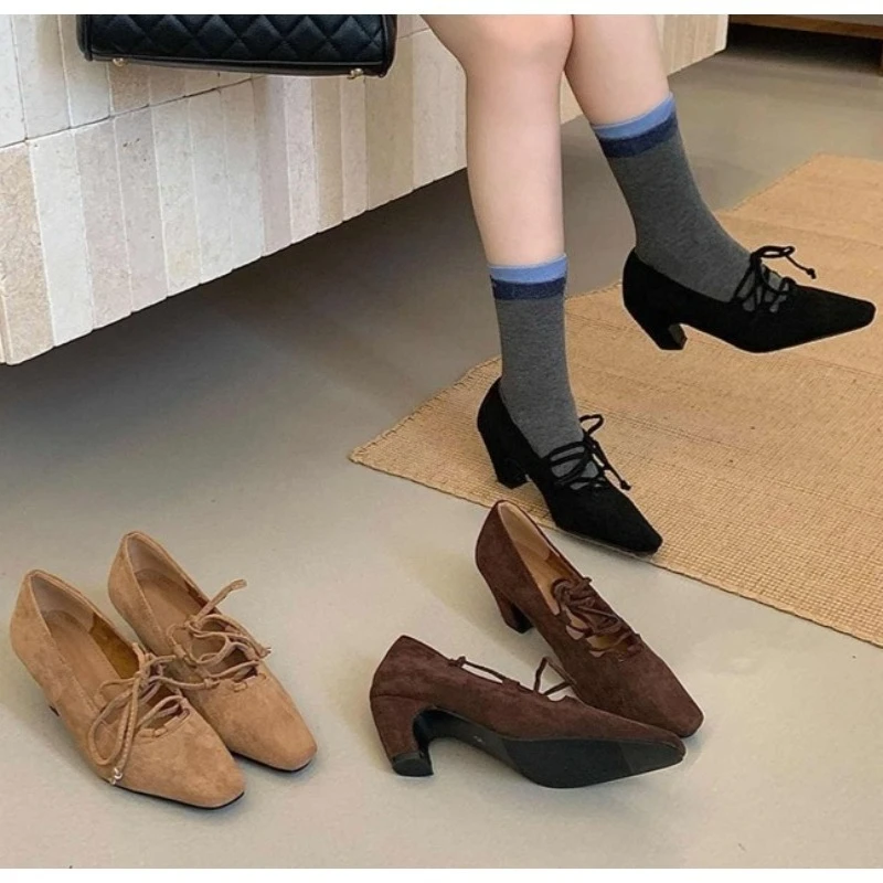 

New Square Head Thin Heel Suede Comfort Shoes Oxford Shoes Pointed Toe Lace Up Women Lace-up High Heels Pumps