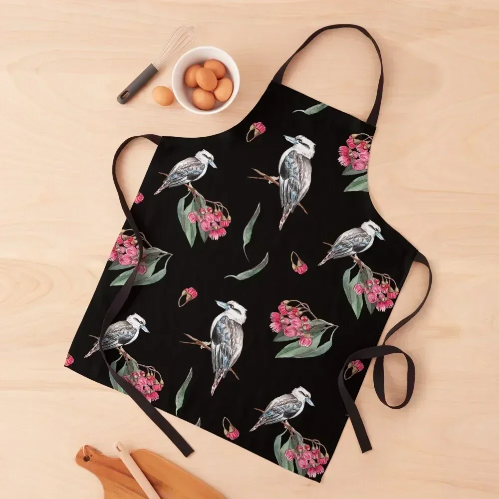 

Australian Kookaburra Red Flowering Gums Pattern Black Background Apron Christmas gift Men kitchen Costume Waiter Apron