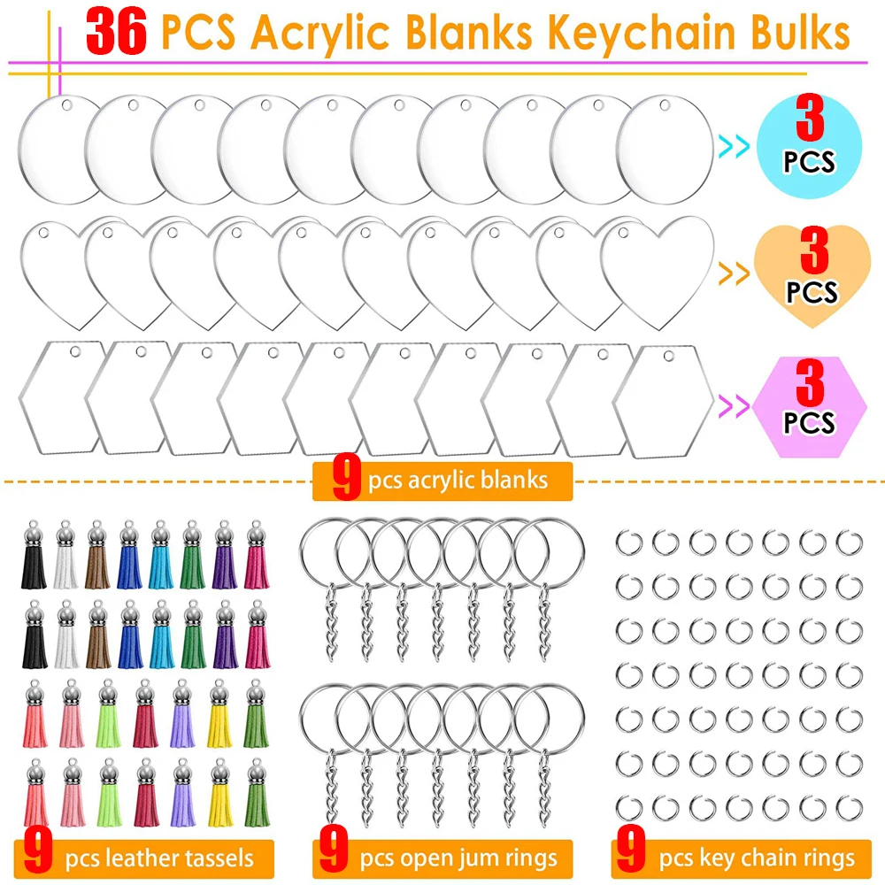 36pcs Acrylic Keychains Set Clear Blanks Tassels Key Chain Jump Rings for Vinyl Crafting DIY Holiday Decoration