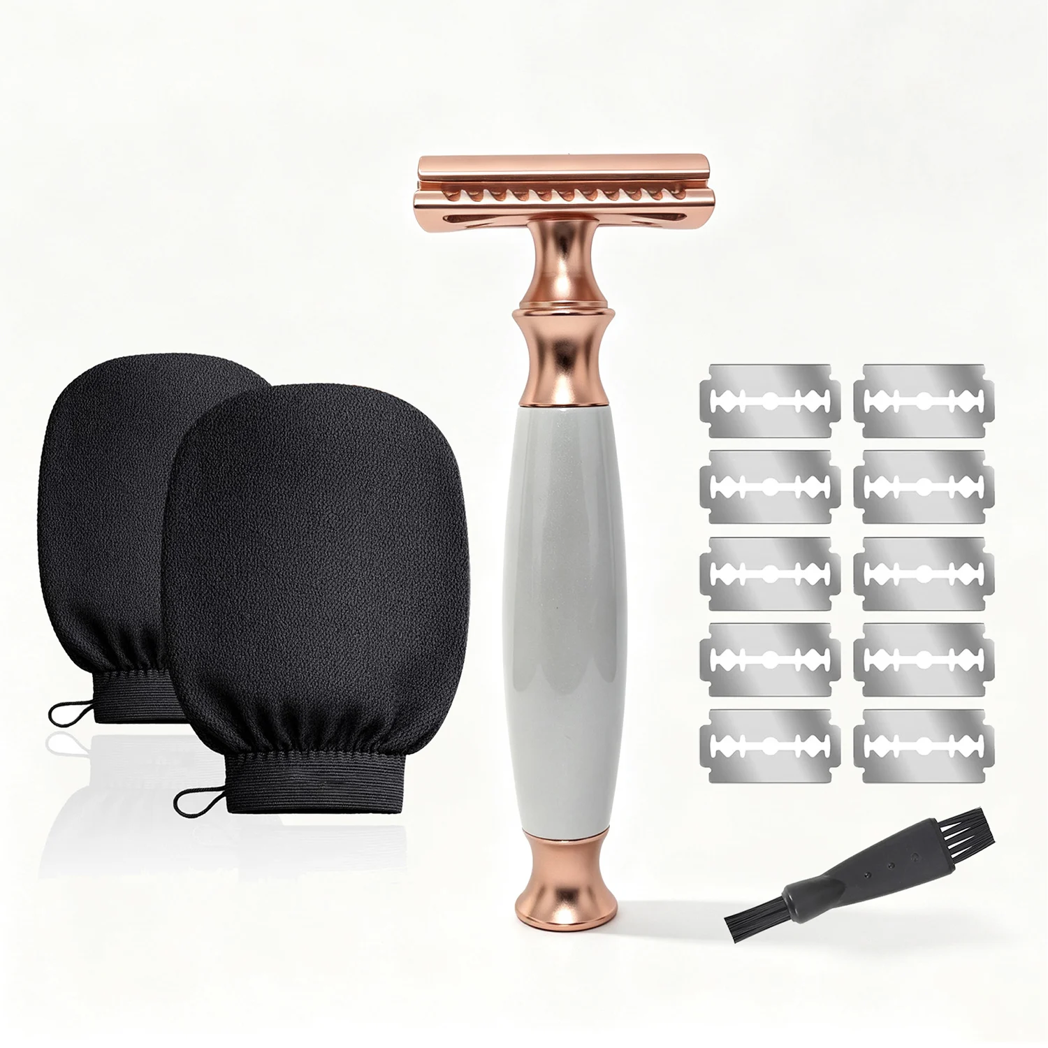 conjunto-de-laminas-de-seguranca-para-mulheres-com-2-luvas-exfoliantes-e-10-laminas-cabo-de-aluminio-branco-perola-para-depilacao-Umida-de-biquini-pernas-e-axilas