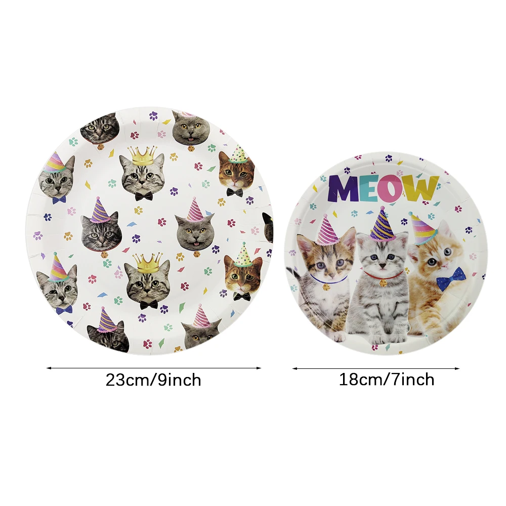 Cute Cat Disposable Tableware Set Cartoon Cat Paper Cup Plates Banner Straws Cupcake Topper for Diy Bithday Party Decorations
