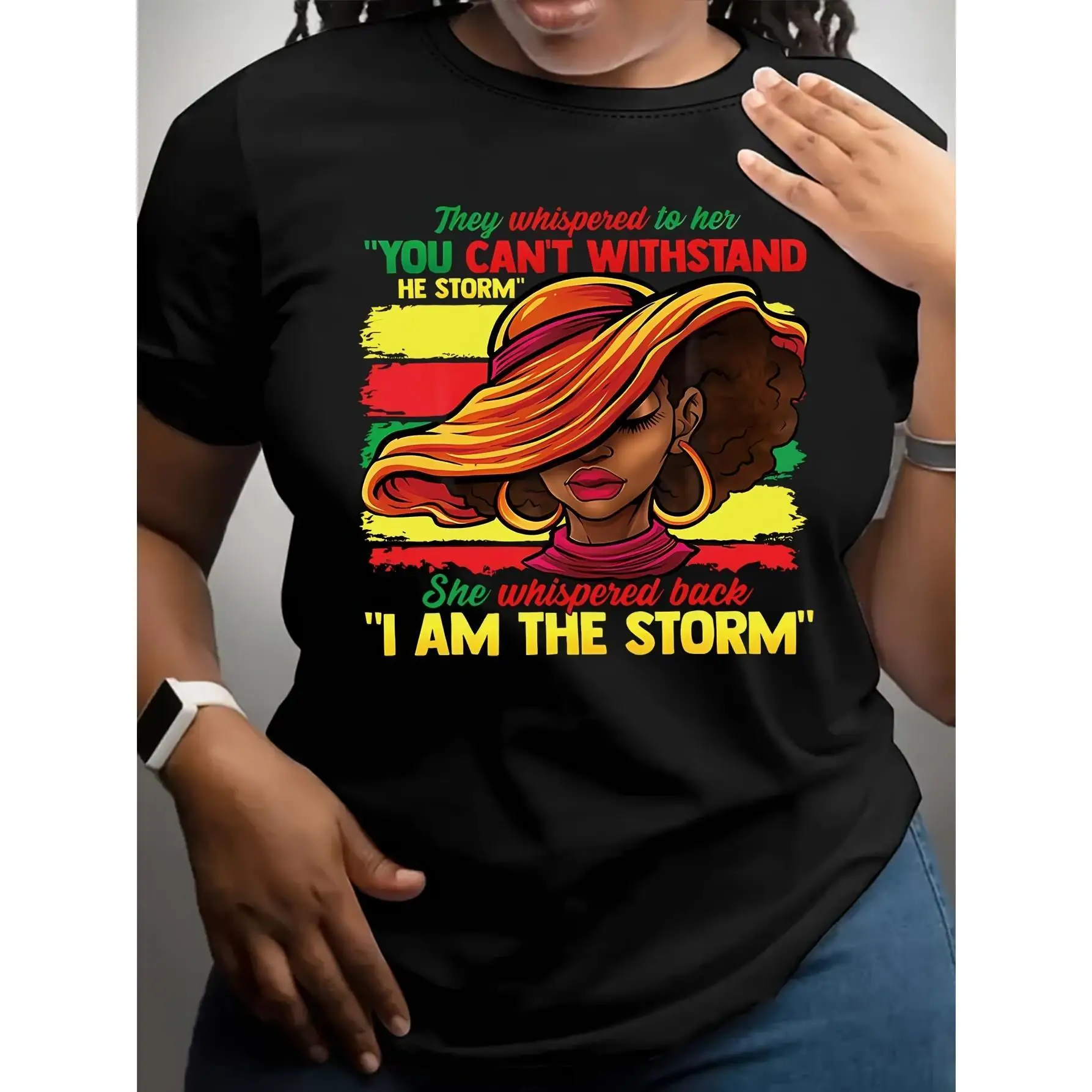 

Juneteenth Celebration Graphic Tee for Women - "I AM THE STORM" Portrait Crew Neck Short Sleeve T-Shirt, Breathable Polyester