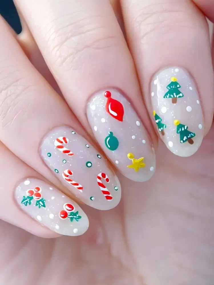 24 pçs imprensa de natal em unhas verde santa gato grinalda projetos unhas falsas brilhante amêndoa cobertura completa wearable unhas falsas para festa