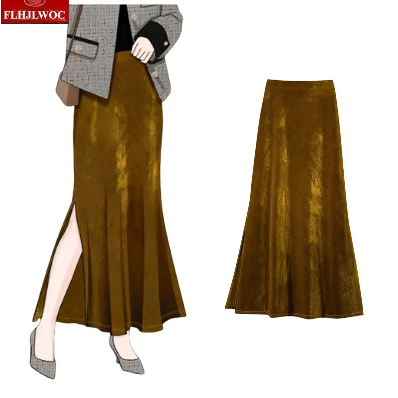 Bling Bright Mermaid Velvet Skirts Korean Style Perfect for Slimming Shaping Woman Autumn High Waist Sexy Long Split Maxi Skirts