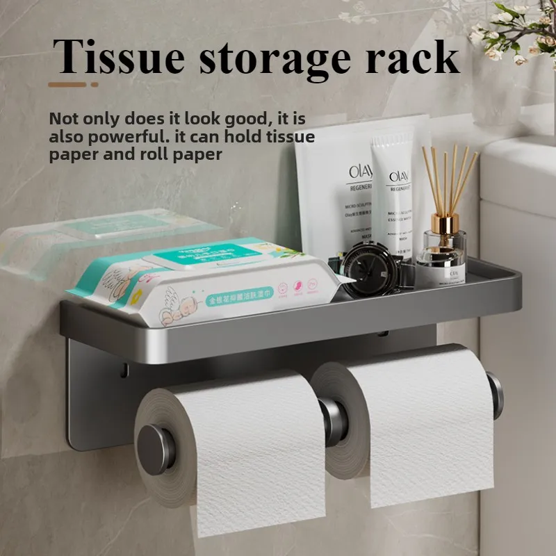 No Punching Wall Mounted Bathroom Shelve Aluminium Toilet Paper Holder Bathroom Phone Storage Paper Dispenser Roll Paper Holder