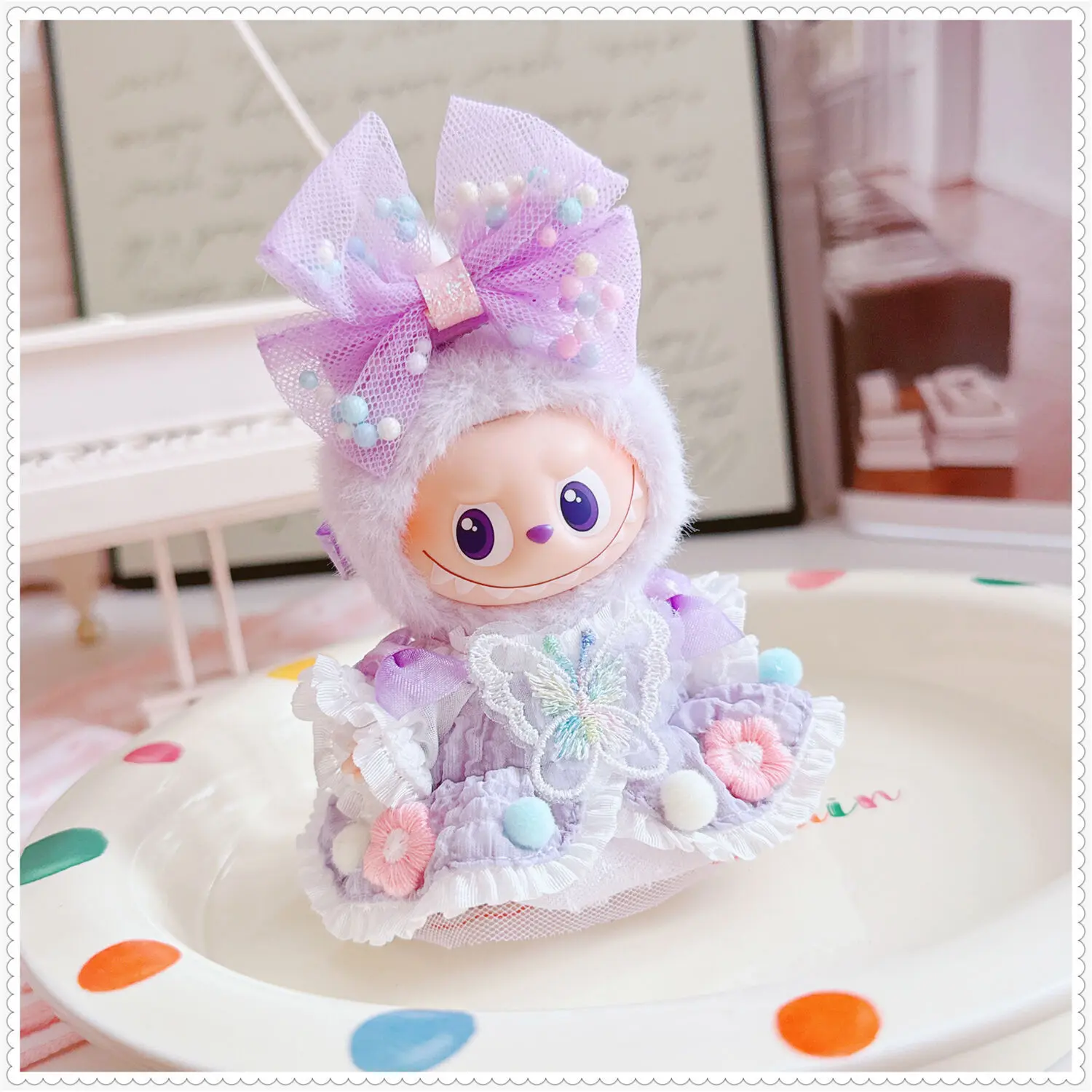 10-17 Cm Kawaii Labubu Kleding Leuke Prachtige Paarse Strik Jurk Set Pluche Pop Kleding Accessoires Speelgoed Anime spel Periferie
