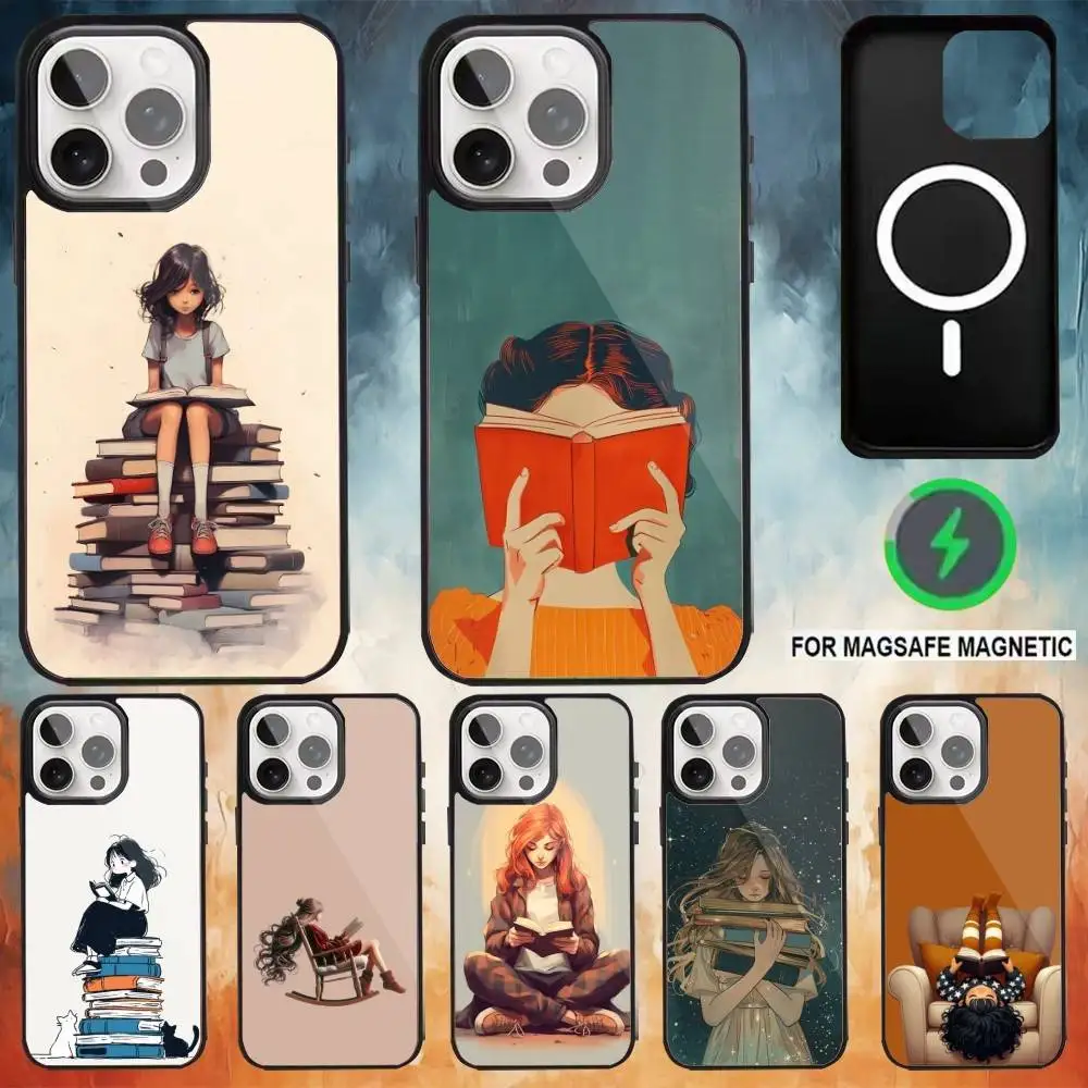 

Read Books illustration Phone Case For iPhone 17 16 15 14 13 12 Pro Max Plus for Magsafe Mirror Wireless Magnetic Cover