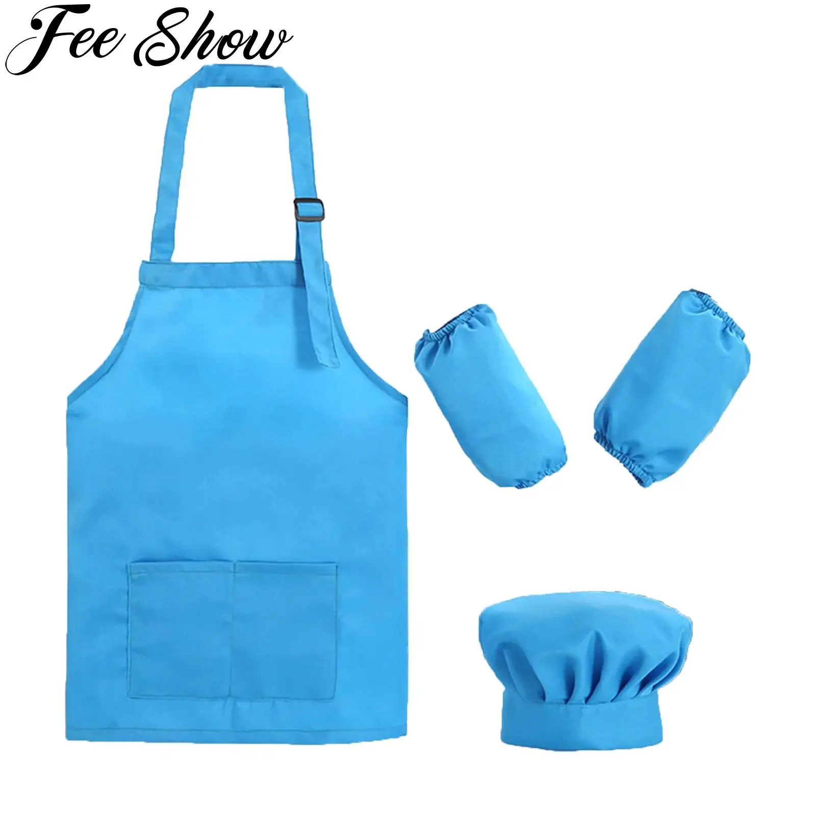 Kids Waterproof Art Painting Apron Solid Color Pocket Aprons with Hat Oversleeves Artistic Painter Drawing Cooking Accessories