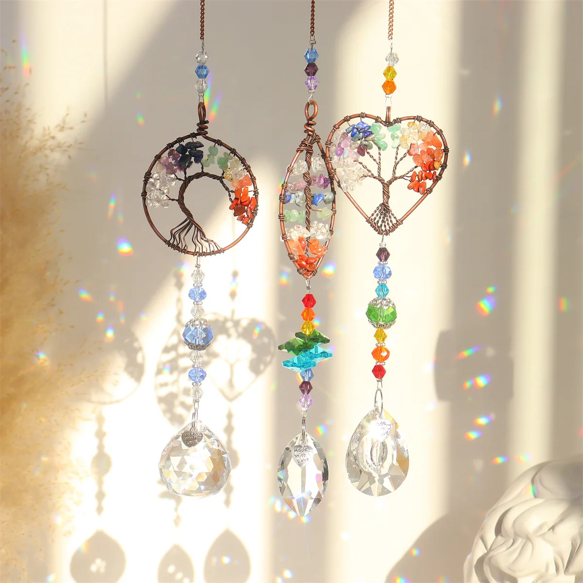 3PCS Crystal Suncatcher Wind Chimes Sun Catcher to Hang Tree of Life Hanging Glass Prisms Wind Pendants for Garden Decorations