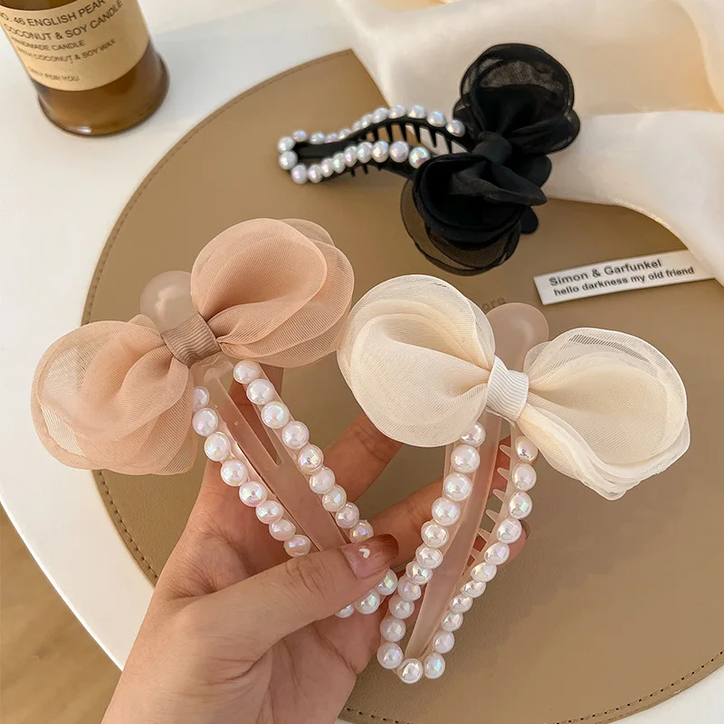 

Summer super temperament fairy pearl bow hairpin spring clip advanced sense hairpin hair accessories headdress