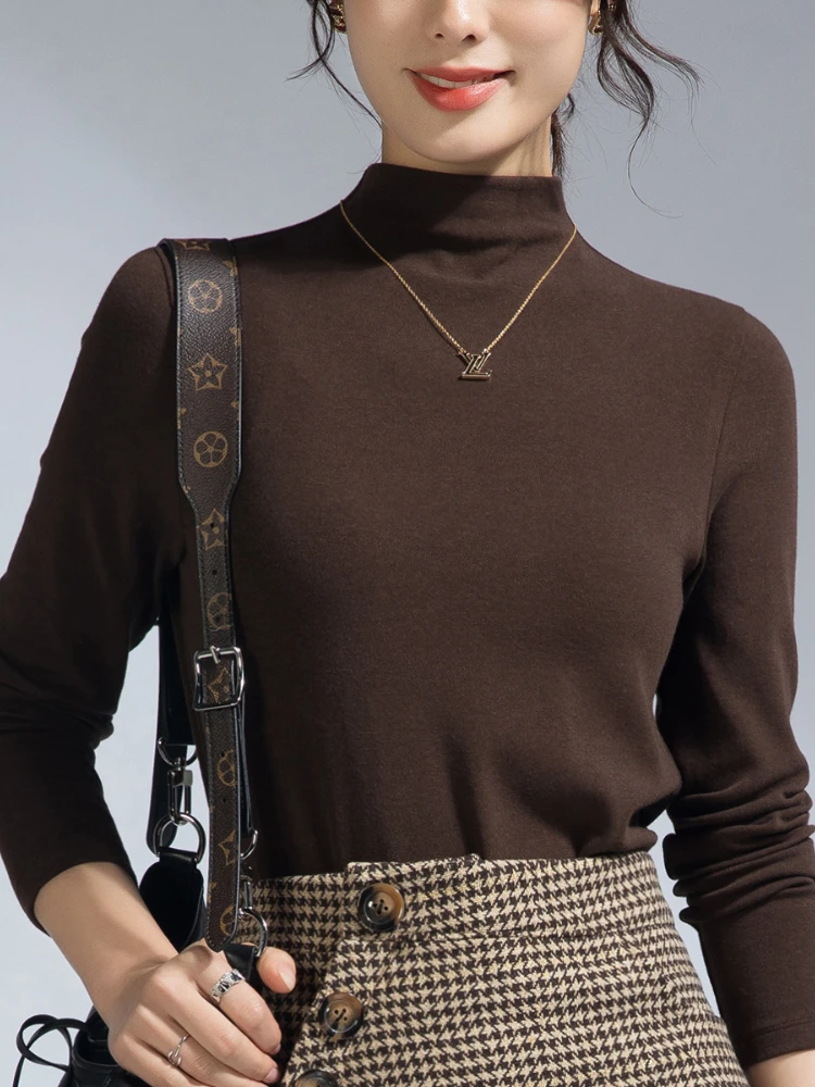 T-shirt à manches longues col haut pour femmes 2025 Nouveau printemps et automne mode haut basique (M-3XL) haut Y2k