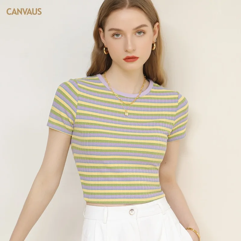 

Striped t-shirt women's short-sleeved summer new slim fit and thin short style contrast color all-match bottoming top