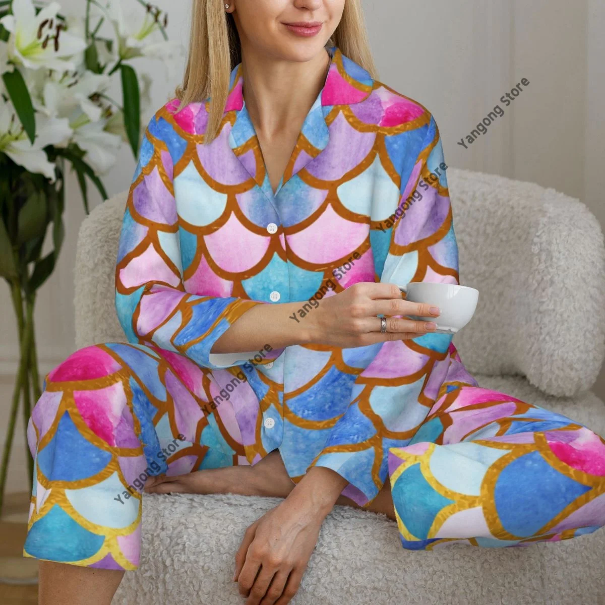 Women Sleepwear Pajamas Mermaid Scales Watercolor Fish Scales Long Sleeve Pijama Female Set Negligee Cardigan Suit