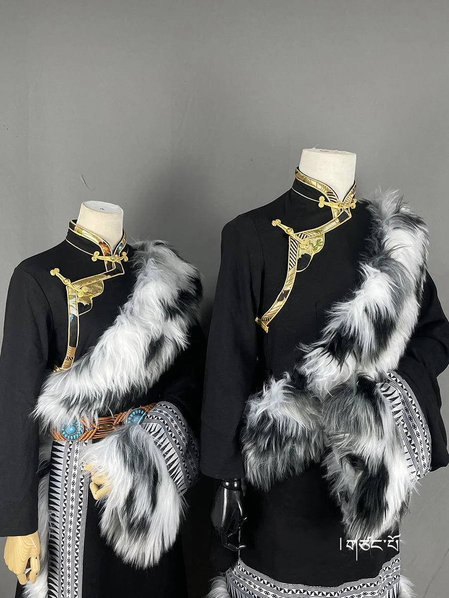 Vêtements tibétains pour hommes et femmes, grand col de cheveux, robe tibétaine, costume de minorité ethnique, noblesse rêver, style long et court, 2 pièces