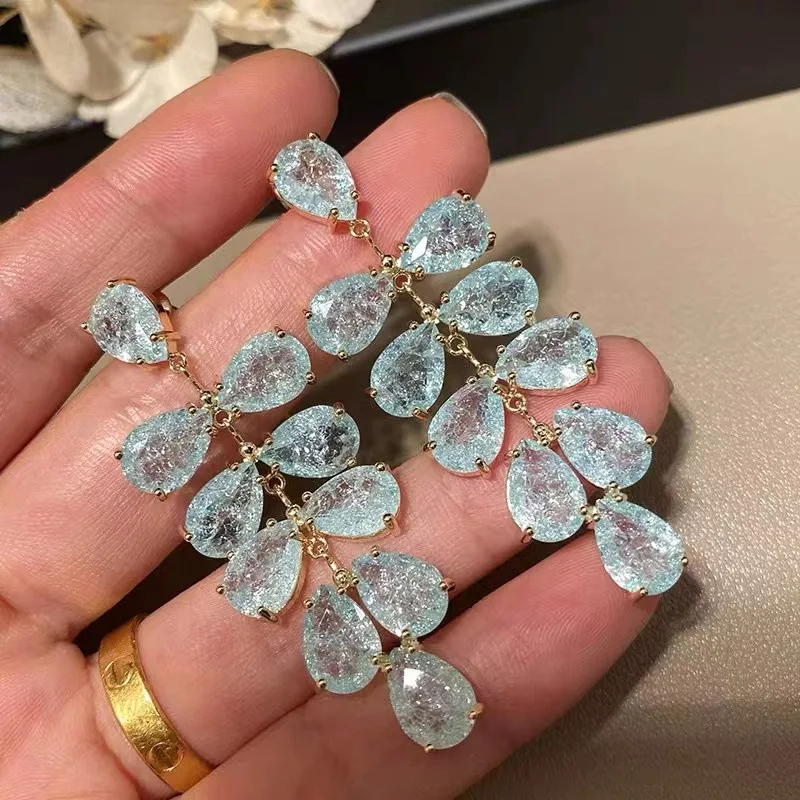 Ice cracked light blue crystal earrings for women original fresh exaggerated water drop earring Bohemian style wedding jewelry view 2