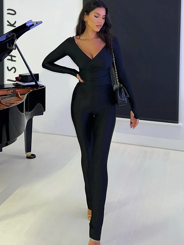 

Two Piece Set Women Tracksuits Sexy V Neck Criss-cross Long Sleeve Wrap Corset Top+High Waist Split Pants 2023 Spring Fall