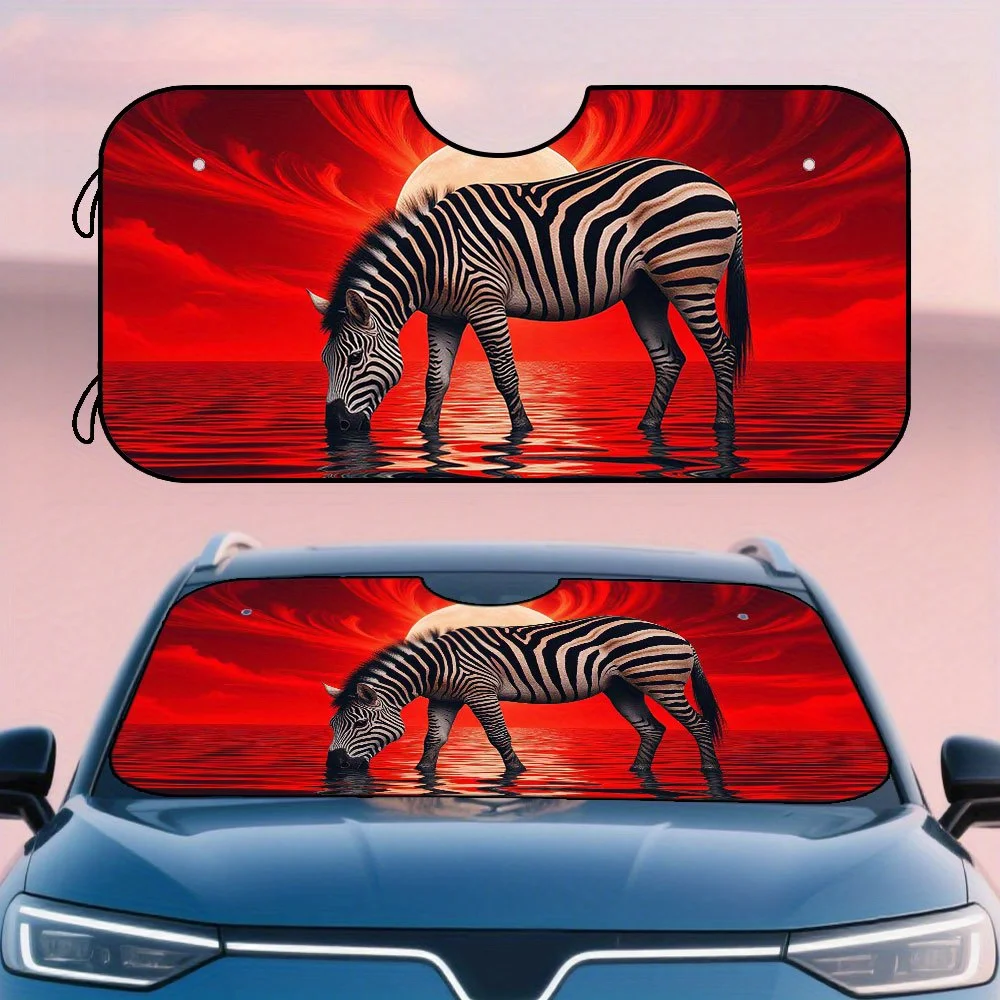 

Складной козырек на лобовое стекло автомобиля с красной зеброй и водяным отражением - сохраняет интерьер автомобиля, прохладный, стильный городский парковка и день T