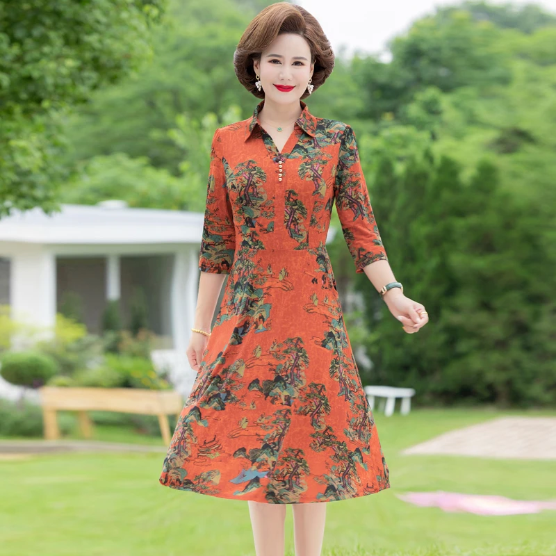 

Spring and summer Dress Women Casual shirt collar Middle-aged Mother Dress half sleeve printing Mid-Calf Dresses