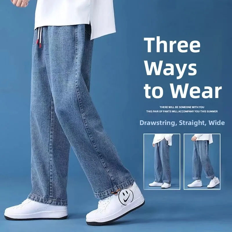 

Летние свободные повседневные мужские джинсы из тонкого ледяного шелка, прямые длинные брюки, молодежные модные брюки с высокой талией, застежка-молния, износостойкие