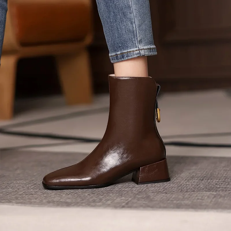Nowe botki damskie Casual Zipper Square Heels Fashion Grey/Black/Brown Short Booties Jesieล Zima 2021, buty damskie