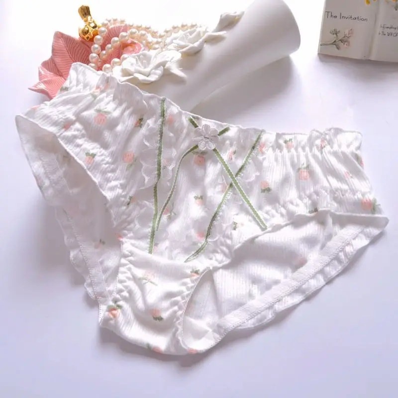 Cute Lovely Sweety Women Japanese Style Princess Lolita Flower Print Milk Silk Mesh Panties Cotton Ruffles Lace Soft Underwear