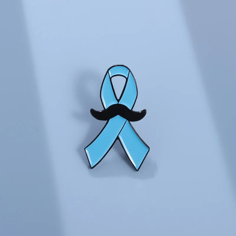 New Logo Prostate Cancer Awareness Badge Movember Blue Ribbon Mustache Lapel Pin Enamel Brooch Wholesale